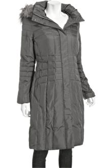 Calvin Klein Charcoal Down Faux Fur Trim Hooded Coat - Lyst