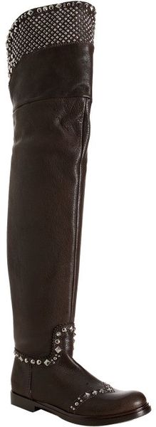  Brown Leather Studded Thigh High Boots 