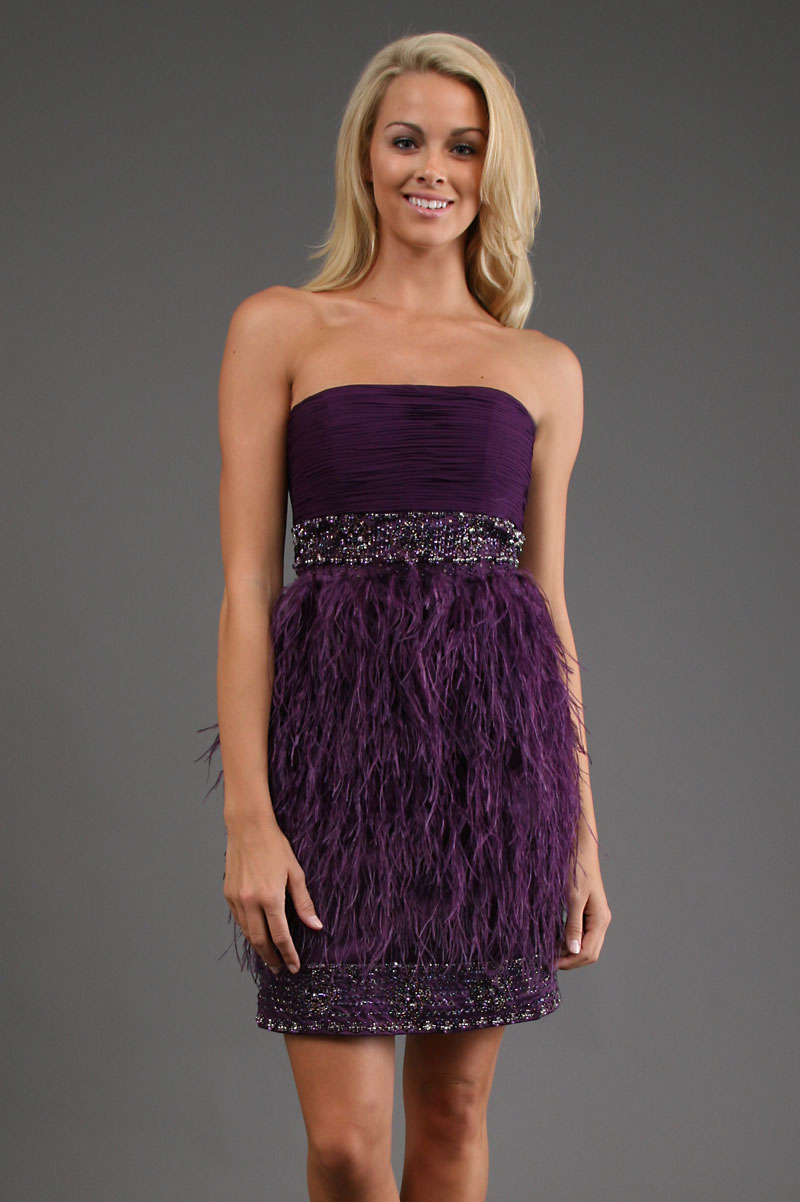 Sue Wong Eggplant Strapless Feather Mini Dress In Purple Eggplant Lyst