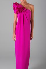 Notte By Marchesa One Shoulder Column Gown with Flower