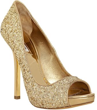 Miu Miu Gold Glitter Peep Toe Pumps - Lyst