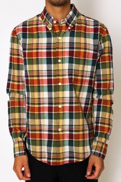 Band Of Outsiders Button Down Shirt - Green/burgundy/yellow Madras in ...