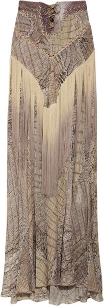 Roberto Cavalli Fringed Snakeprint Silkchiffon Maxi Skirt in Brown (snake) - Lyst