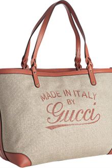 Gucci Natural Canvas And Leather Craft Logo Tote - Lyst