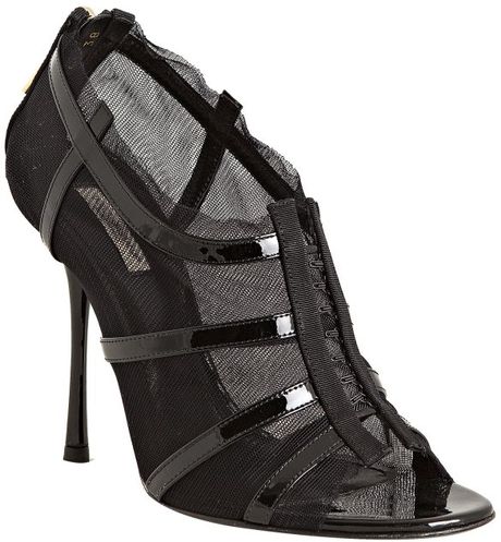 Dolce & Gabbana Black Patent Leather Strap and Mesh Peep Toe Sandals in Black - Lyst