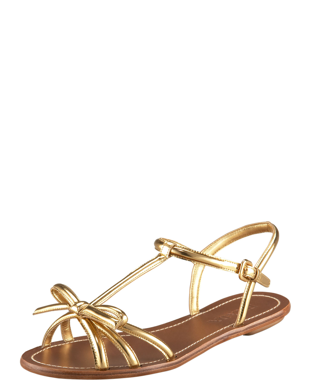 Prada T-strap Bow Flat Sandal in Black (gold) | Lyst