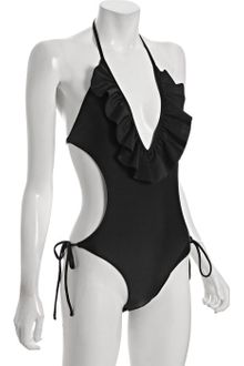 Bianca Coletti Black Ruffled V-neck Cut Out Chloe Halter One Piece Swimsuit - Lyst