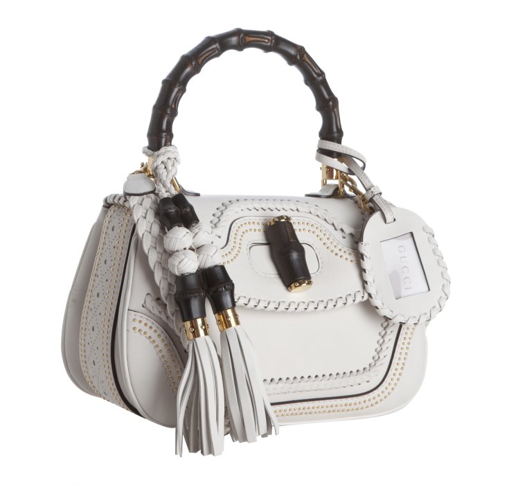 Gucci Off White Leather New Bamboo Stud Trim Shoulder Bag in White | Lyst