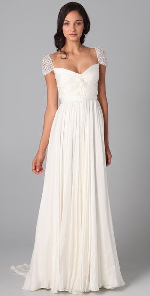 Reem Acra Twist Front Gown with Jeweled Sleeves in White (ivory) - Lyst