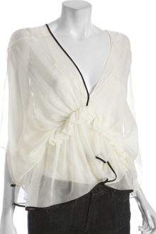 Robert Rodriguez Ivory Silk Chiffon Ruffle Front Blouse - Lyst