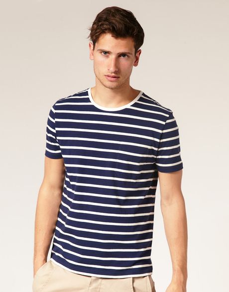 Asos Collection Asos Striped Crew Neck Tshirt with Pocket in Blue for Men (navywhite) - Lyst