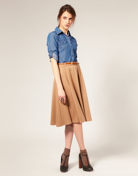 Asos Collection Asos Midi Tailored Belted Ponti Fit and Flare Skirt in Beige (camel) - Lyst