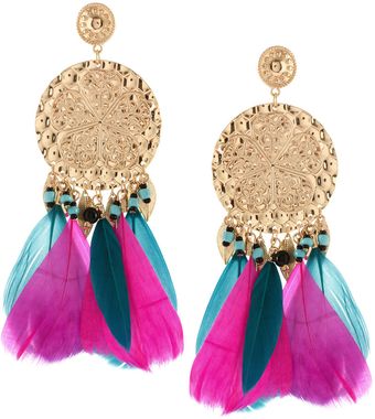 ASOS Collection Asos Bright Feather Drop Earrings with Hammered Disc Detail - Lyst