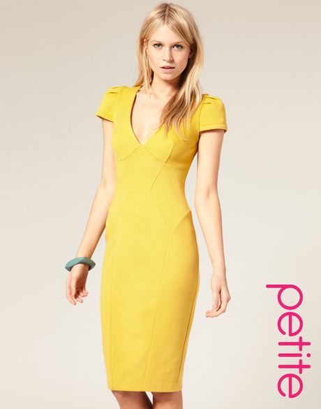 ... Collection Asos Petite Ponti Pencil Dress with Seam Detail in Yellow