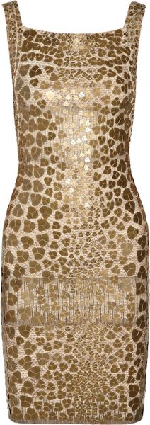 Hervé Léger Pailetteembellished Bandage Dress in Gold (animal) - Lyst