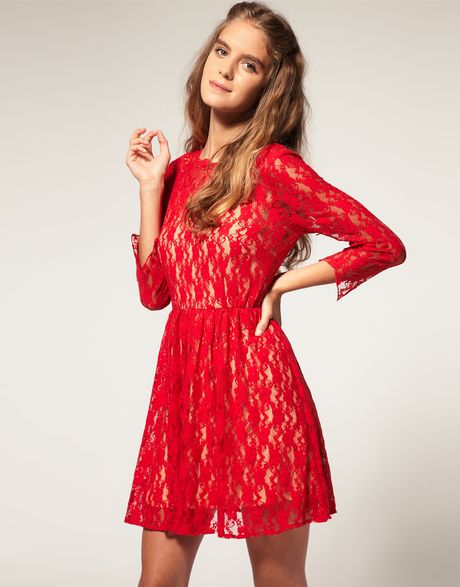 Asos Collection Asos Applique Lace Dress in Red (rednude) - Lyst