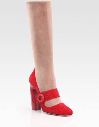 Prada Red and Nude Suede Mary Jane Boots - Lyst