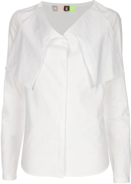 Msgm Long Sleeve Drape Neck Shirt in White - Lyst