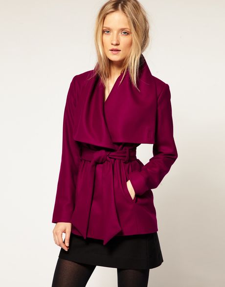 Ted Baker Wrap Collar Detail Short Wool Belted Coat in Purple - Lyst