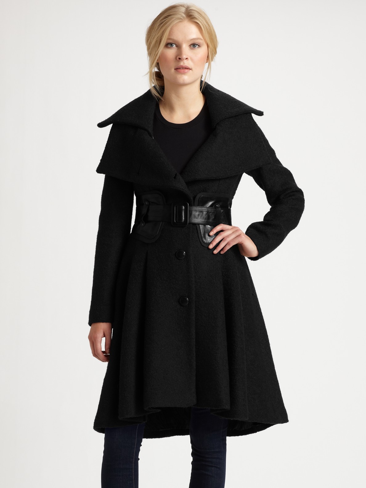 Mackage Leather Belted Wool Coat in Black | Lyst