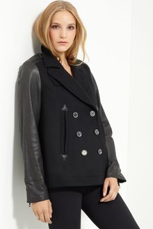 Burberry Brit Leather Sleeve Peacoat - Lyst