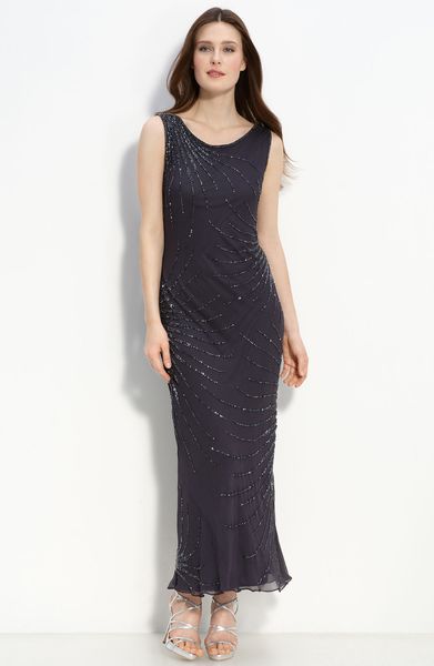 Pisarro Nights Beaded Mesh Gown in Gray (gun/ gun) - Lyst