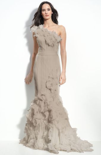 Tadashi Shoji Chiffon Appliqué One Shoulder Gown - Lyst
