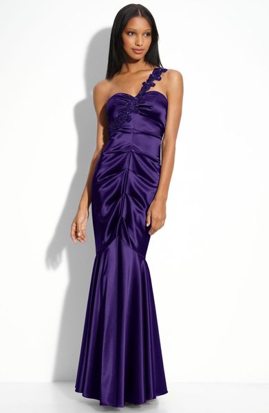 Xscape Beaded Satin Mermaid Gown in Purple (bright purple)