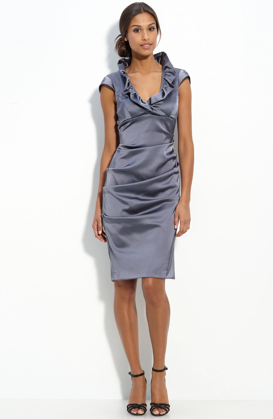 Xscape Ruffle Collar Stretch Satin Sheath Dress in Gray (charcoal)  Lyst