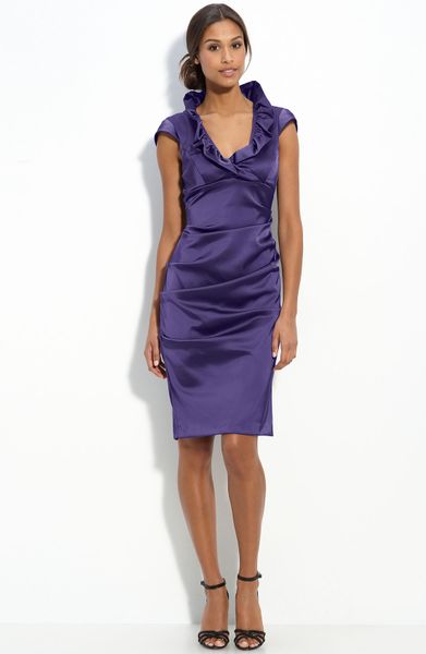 ... Ruffle Collar Stretch Satin Sheath Dress in Purple (metal purple