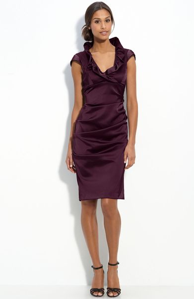 Xscape Ruffle Collar Stretch Satin Sheath Dress in Purple (plum ...