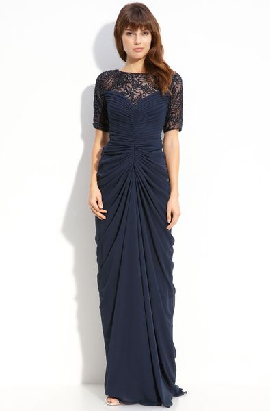 Tadashi Shoji Beaded Ruched Chiffon & Mesh Gown in Blue (navy) - Lyst