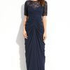 Tadashi Shoji Beaded Ruched Chiffon & Mesh Gown in Blue (navy) - Lyst
