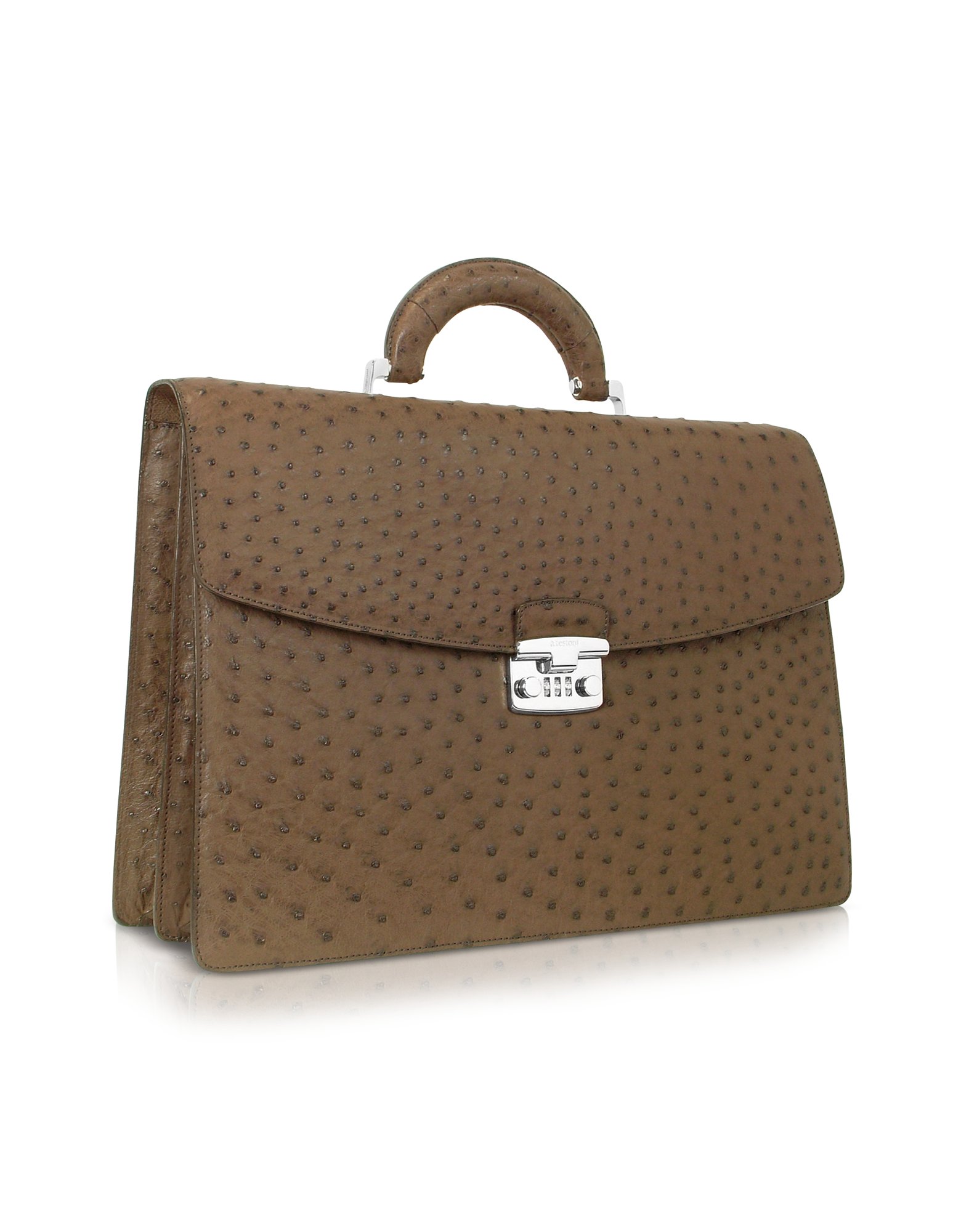 A.testoni Ostrich Leather Double Gusset Briefcase in Khaki for Men