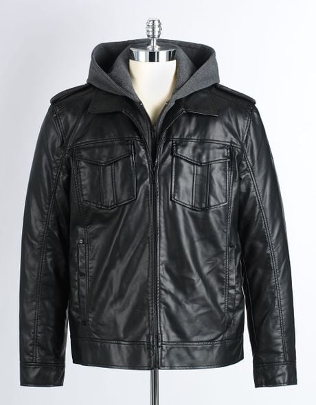 guess men's faux leather detachable hood motorcycle jacket