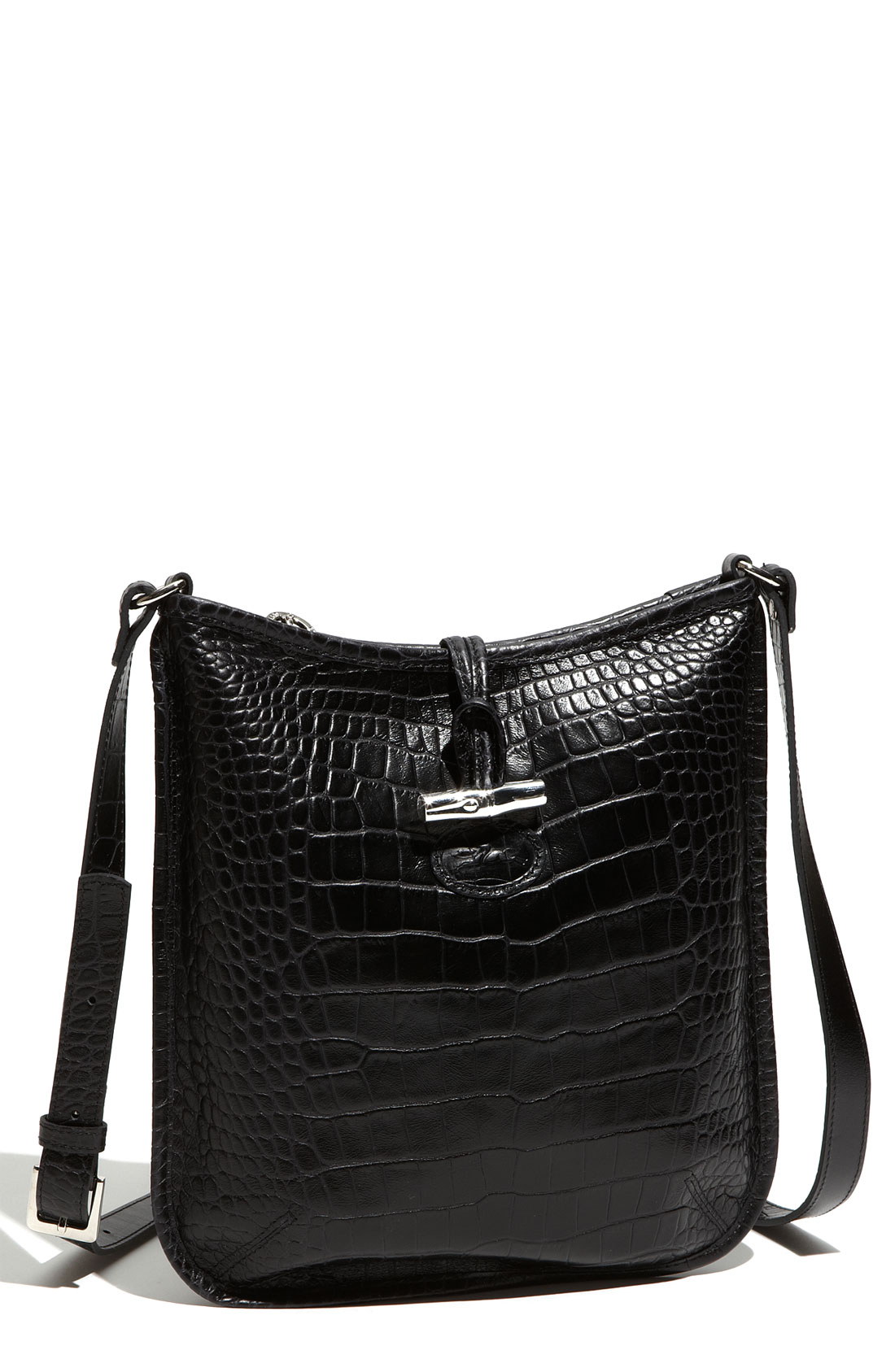 Longchamp Roseau Croc Embossed Crossbody Bag in Black | Lyst