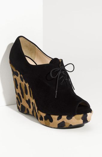  Black Suede Leopard Print Calf Hair Peep Toe Wedges 