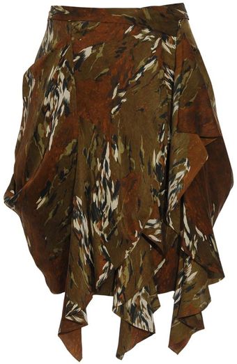 Edun Feather-Print Ruffled Silk Mini Skirt - Lyst
