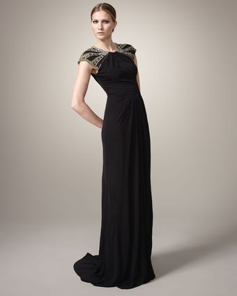 Badgley Mischka Beaded-shoulder Gown - Lyst