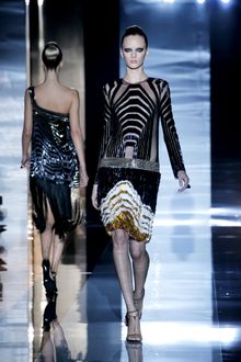 Gucci Spring 2012 Black See Through Art Deco Print Cocktail Dress With Long Sleeves And Multicolor Frigned Skirt - Lyst
