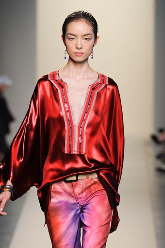 Bottega Veneta Spring 2012 Red Satin Deep-V Tunic  - Lyst