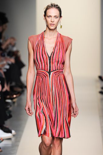 Bottega Veneta Spring 2012 Pleated Stripy Dress With Zip Detail On Front And Deep Decolletage In Red - Lyst
