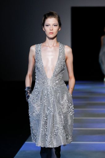 Giorgio Armani Spring 2012 Crystal Embellished Silver Sleeveless Dress With Plunging Neckline - Lyst