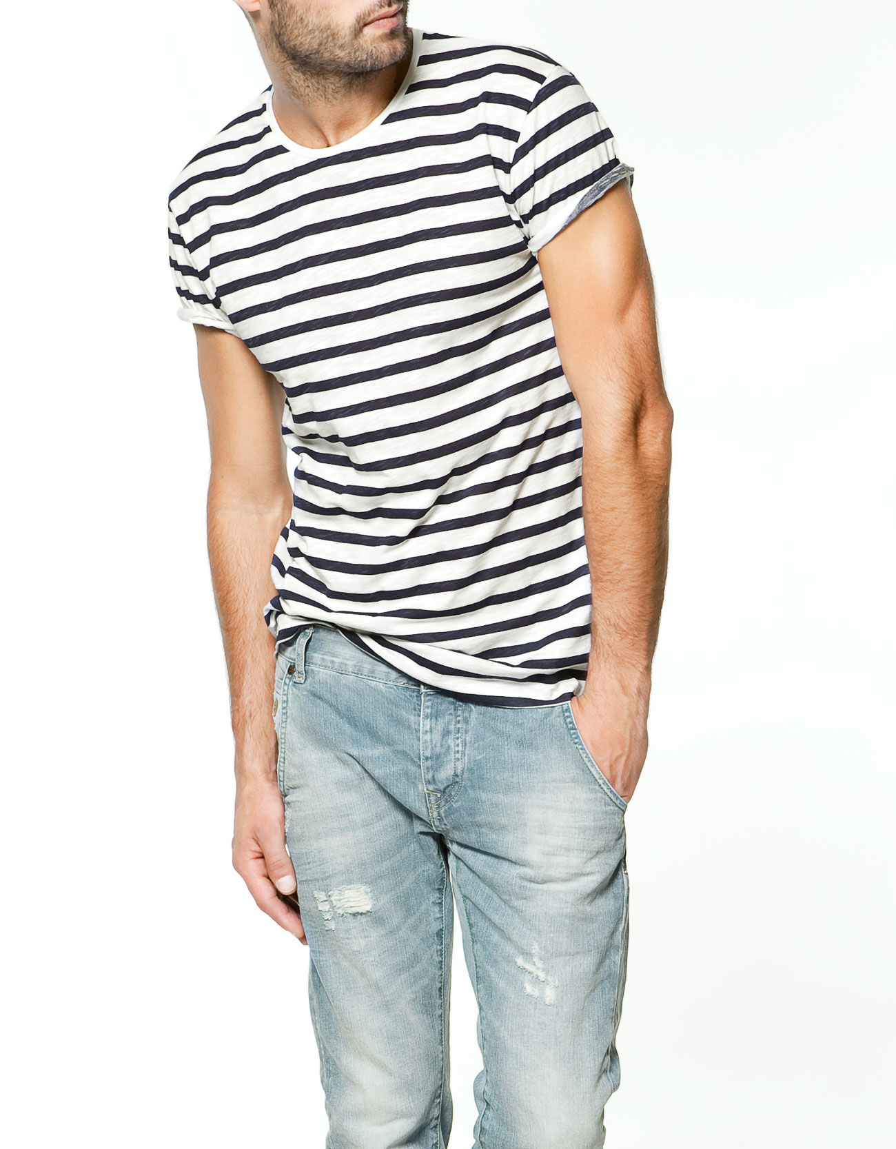 Zara Striped Slub Knit Tshirt in Blue for Men (navy) Lyst