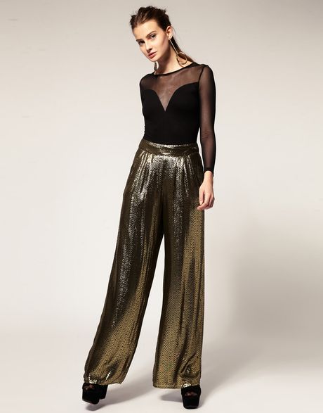 Asos Palazzo Trousers In Gold Metallic Jacquard in Gold - Lyst