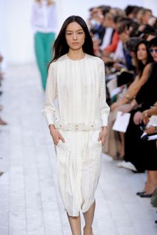 Chloé Spring 2012 Long Sleeve Belted Dress with Pleats and Perforated Details - Lyst