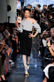 Jean Paul Gaultier Spring 2012 Black Stripey Asymmetrical Off-The-Shoulder Blouse - Lyst
