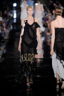 John Galliano Spring 2012 Sheer Black Spaghetti Strap Gown With Golden Embroidery And Ruffles - Lyst