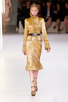 Alexander McQueen Spring 2012 Gold Plisse Detail & Ruffle Trim Pencil Skirt  - Lyst