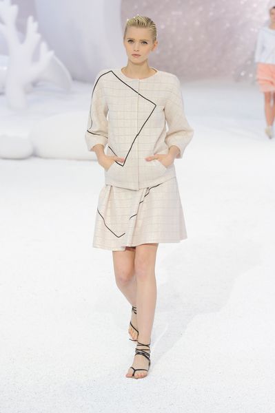 Chanel Spring 2012 Beige Checked 3/4 Sleeve Jacket With Black Graphic Detail in Beige - Lyst